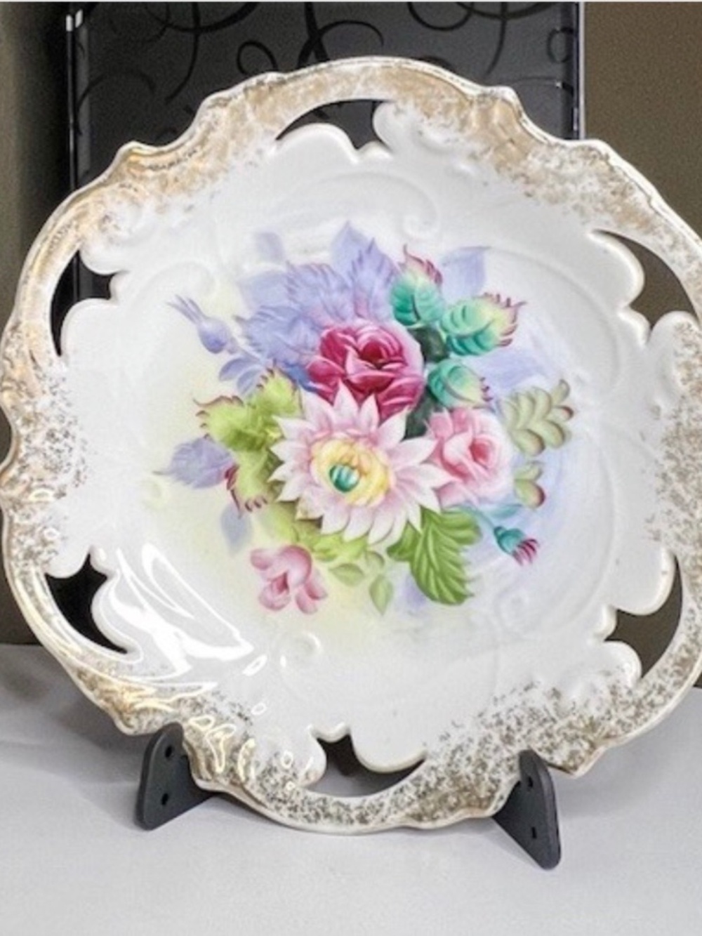 1950s Trimont Japan Pearlescent White Gold Rim Hand Painted Floral Plate 7.5”